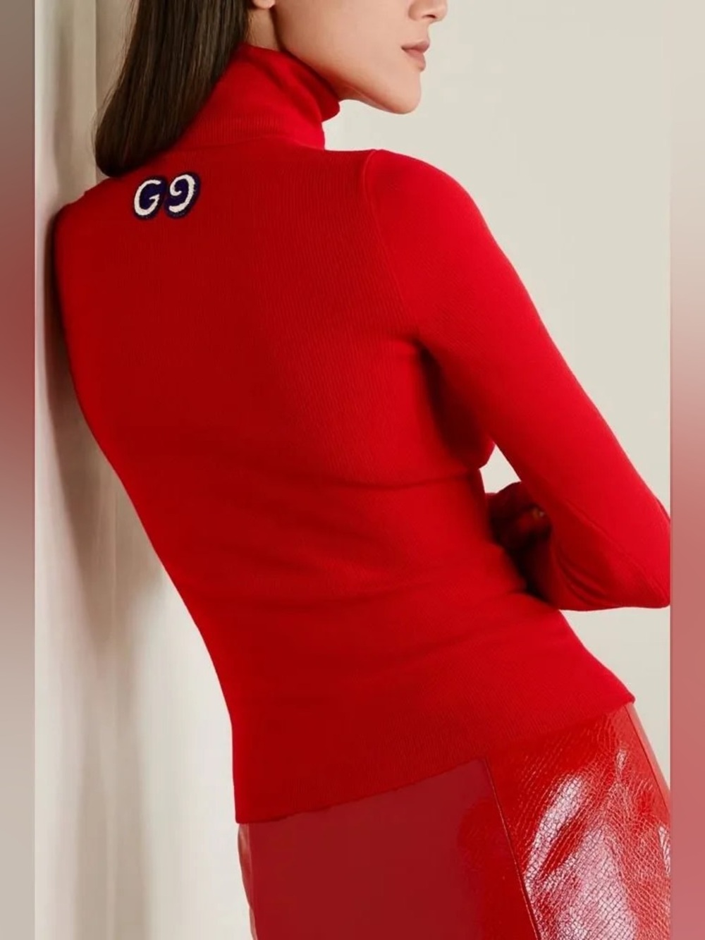 Gucci Red Turtleneck Sweater Size M Wool Knit GG Logo Top Full Set